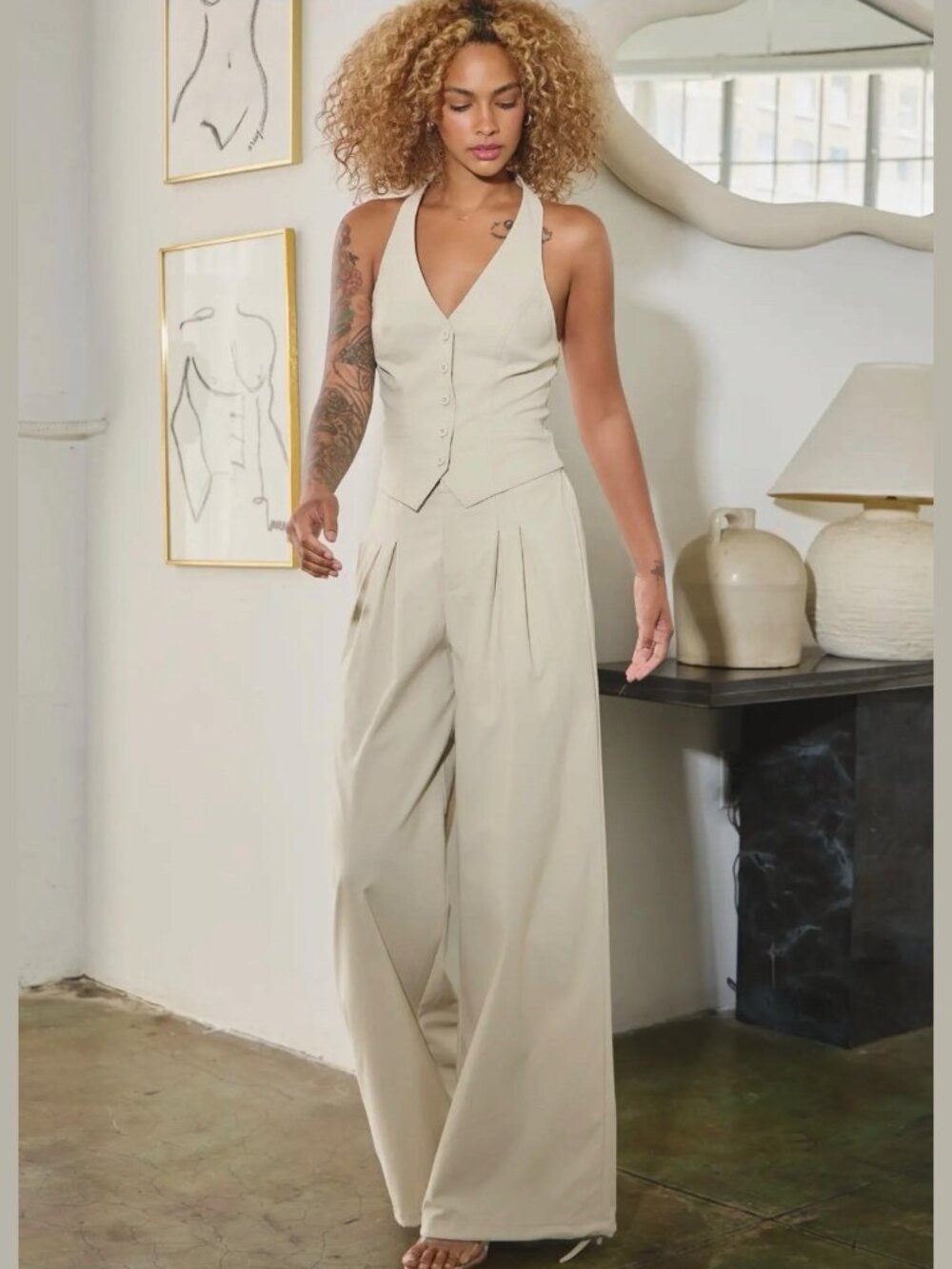 Matching Outfit Set Halter Vest Top Wide-Leg Dress Pants SZ S M L Stretchy Cream - Picture 5 of 13
